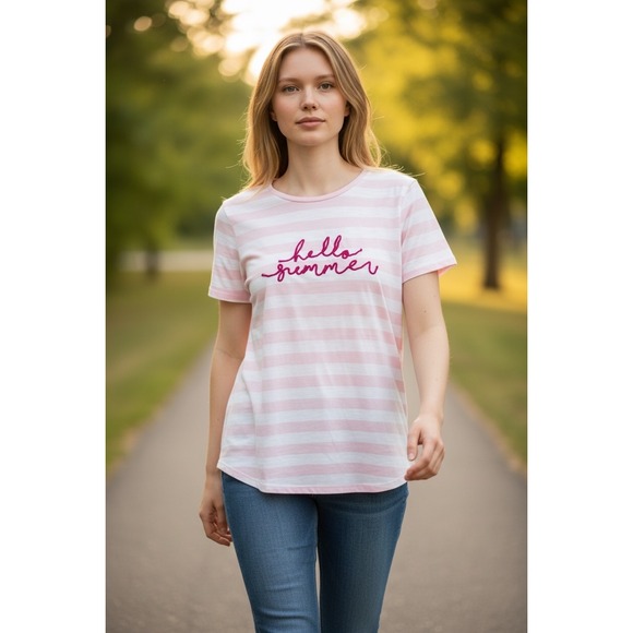 Kim Rogers Tops - Kim Rogers Women's T-Shirt M Medium Pink White Striped Hello Summer Embroidered